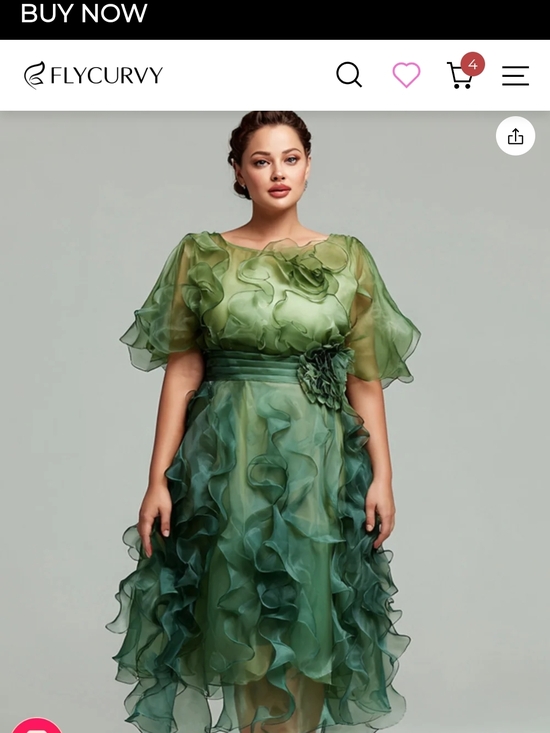 Fly Curvy Dresses & Skirts - Emerald Green Ruffle-Detail Organza Midi Dress